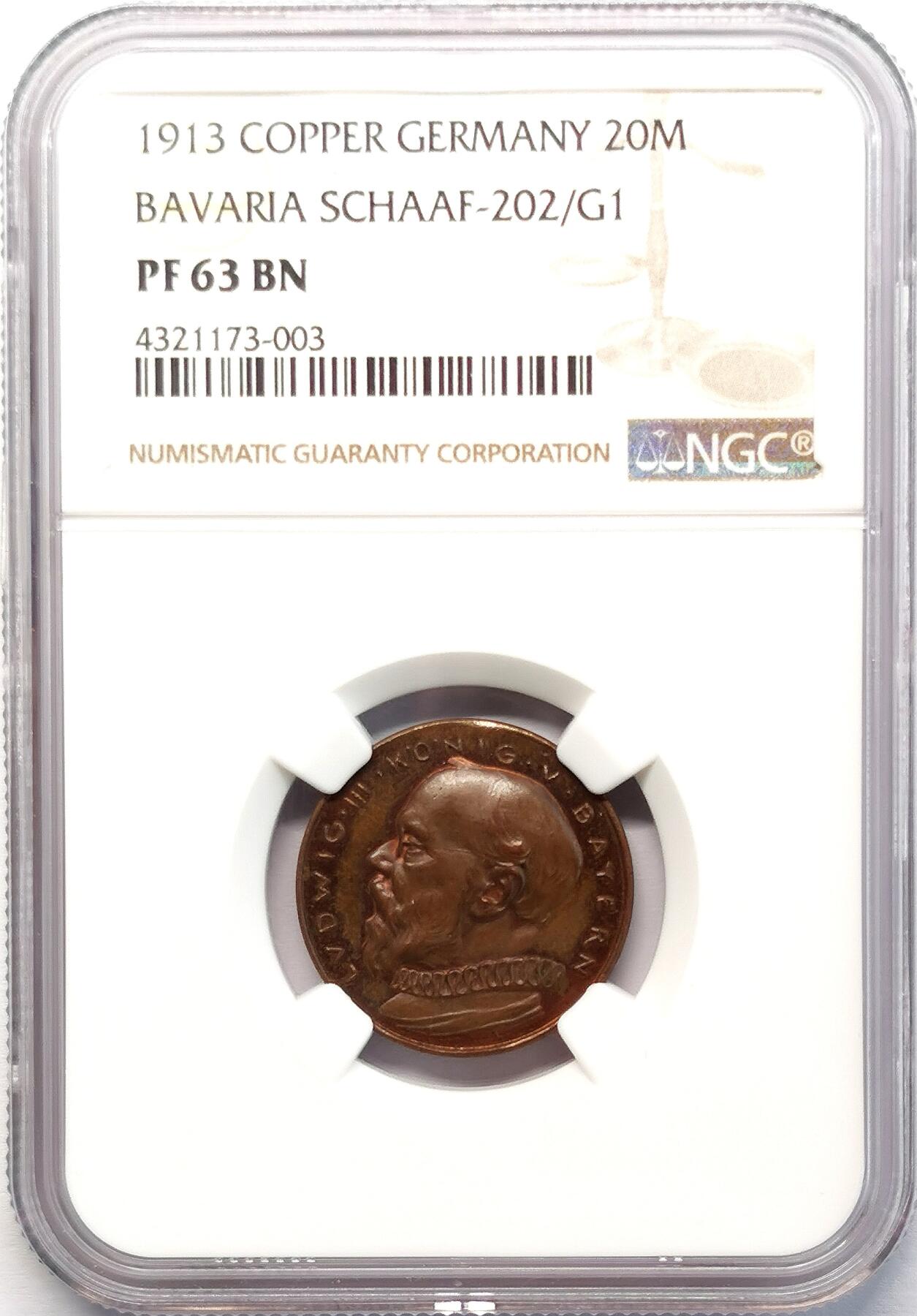 凡希社世界钱币微拍第二百七十七期 1913德国巴伐利亚20马克金币铜样NGC-PF63，欲戴王冠，必承其重！