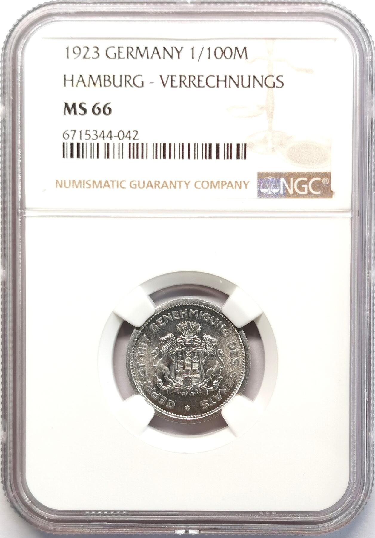 凡希社世界钱币微拍第二百七十七期 1923德紧1/100马克NGC-MS66