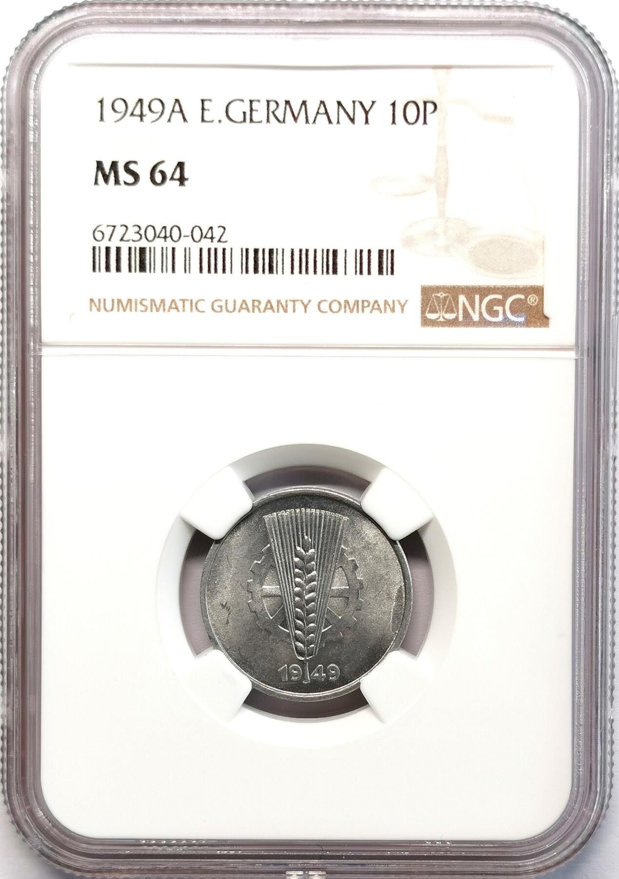 凡希社世界钱币微拍第二百七十七期 1949A民主德国10芬尼铝币NGC-MS64，书价甚高！