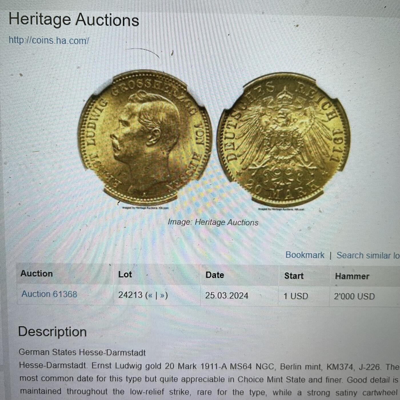 NGC-MS63 1911黑森达姆斯塔特20马克金币季军