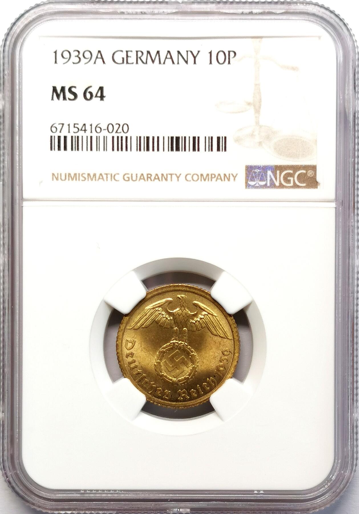凡希社世界钱币微拍第二百七十七期 1939A德国10芬尼铜币NGC-MS64