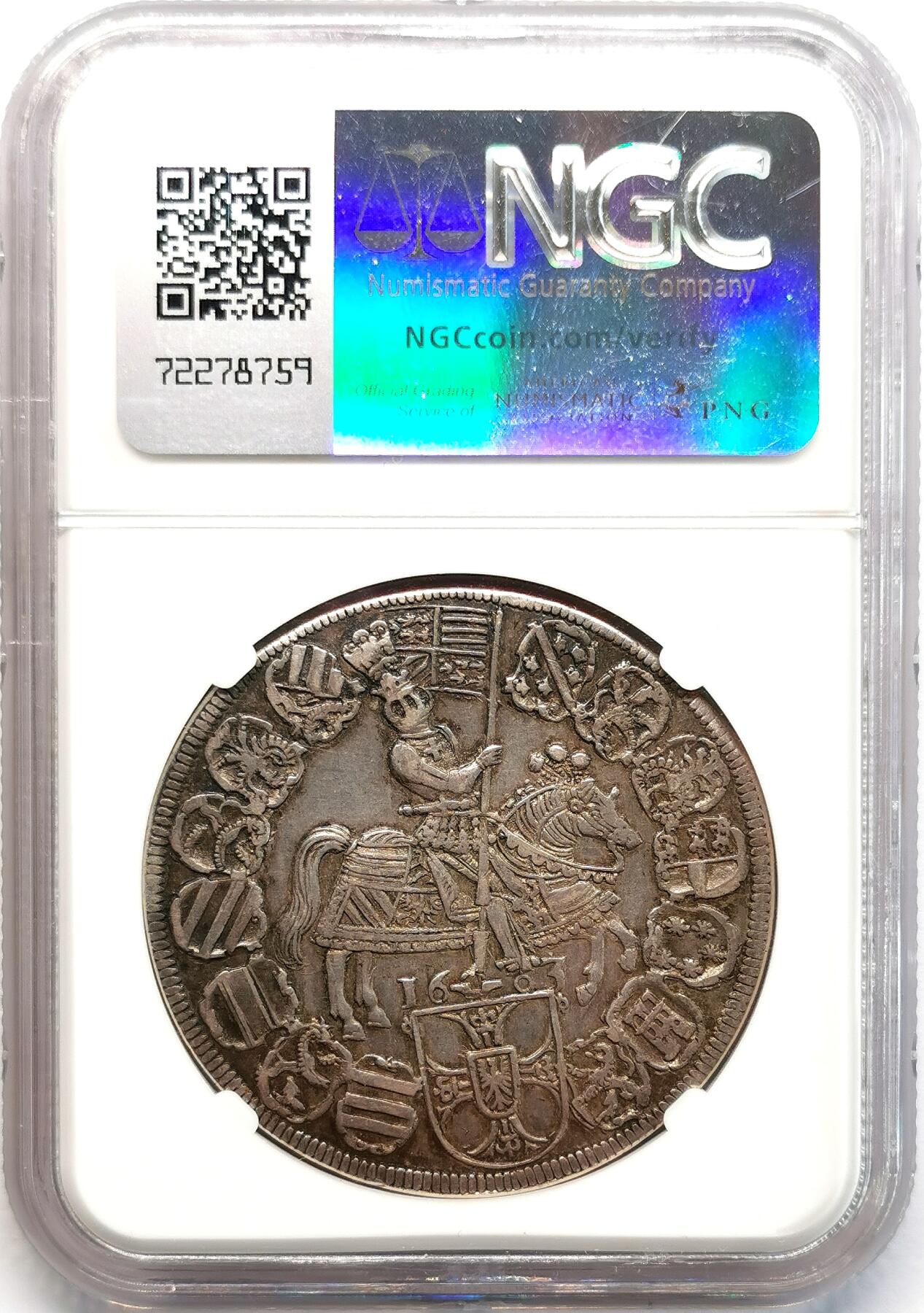 凡希社世界钱币微拍第二百七十七期 荐！1603条顿骑士团盾徽与重装骑士泰勒大银NGC-AU55，传世黑彩，包浆醇熟，稀有的一年型品种！