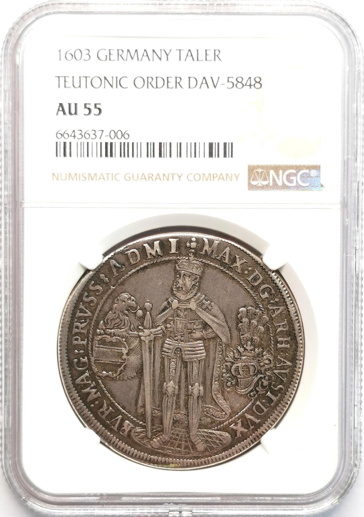 凡希社世界钱币微拍第二百七十七期 荐！1603条顿骑士团盾徽与重装骑士泰勒大银NGC-AU55，传世黑彩，包浆醇熟，稀有的一年型品种！