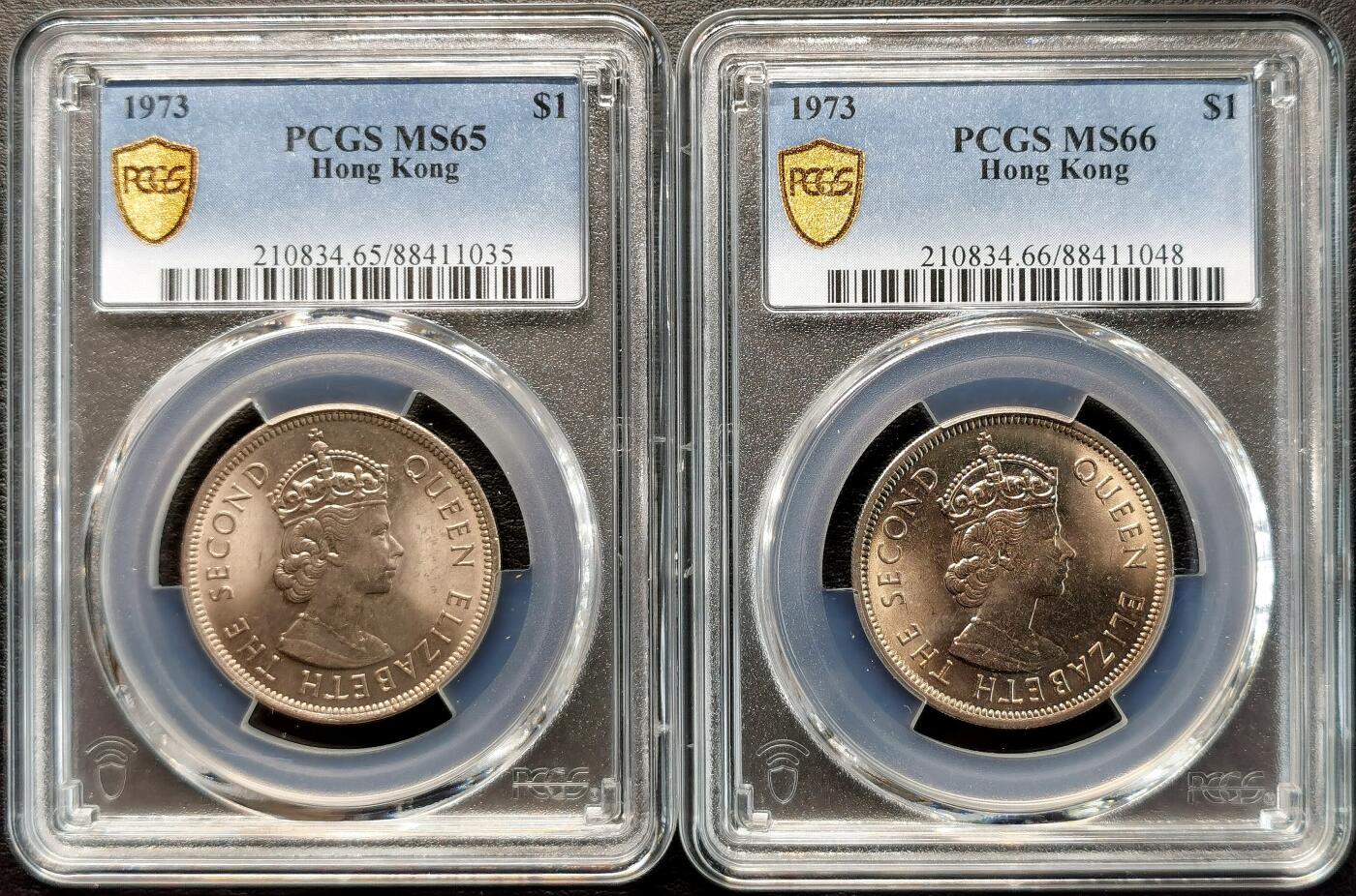 凡希社世界钱币微拍第二百七十七期 1973香港伊丽莎白壹元一对PCGS-MS65/66