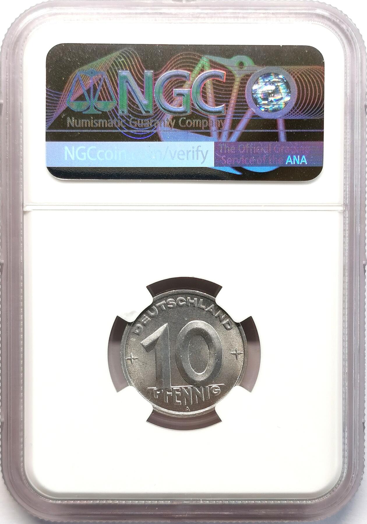 凡希社世界钱币微拍第二百七十七期 1949A民主德国10芬尼铝币NGC-MS64，书价甚高！