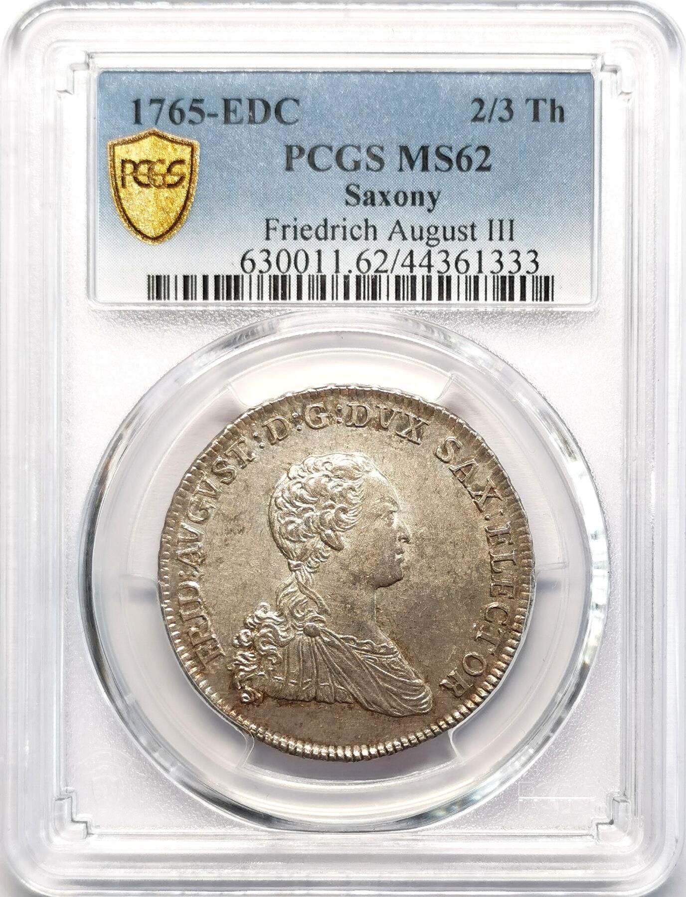 凡希社世界钱币微拍第二百七十七期 荐！1765EDC德国萨克森奥古斯特三世2/3泰勒PCGS-MS62，哑光灰彩，质感一流，P唯一亚军！