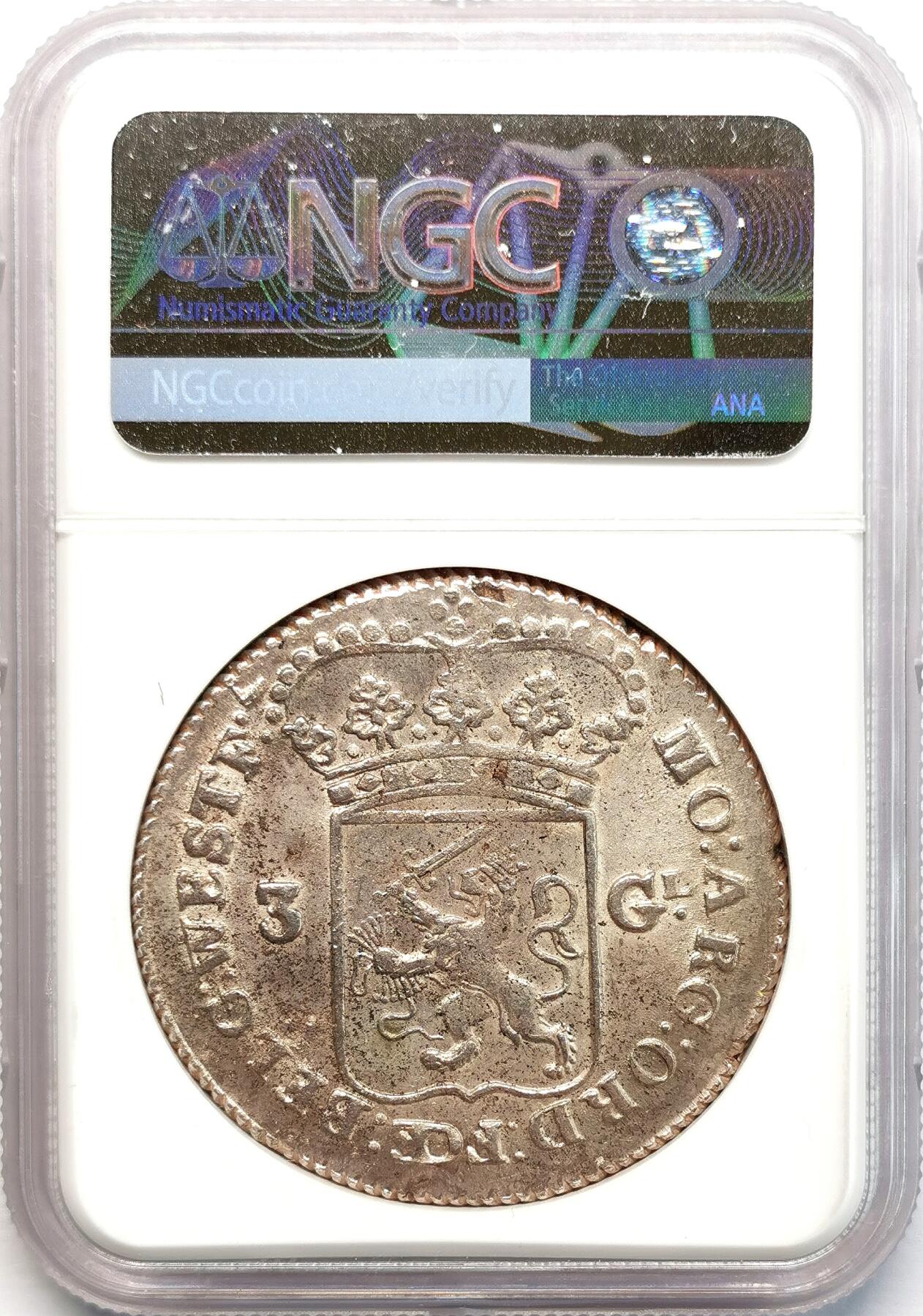 凡希社世界钱币微拍第二百七十七期 荐！1764联省共和国西弗里斯兰雅典娜3盾大银NGC-MS63，迷人的淡金包浆！