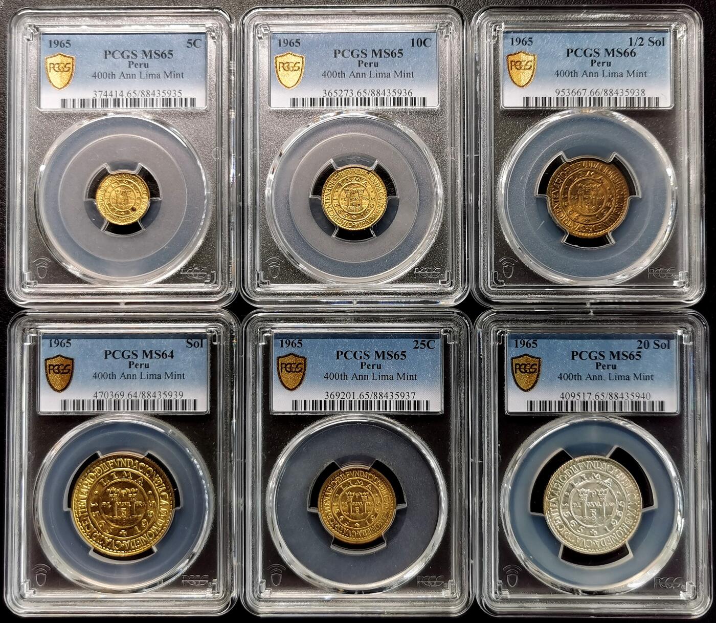 凡希社世界钱币微拍第二百七十七期 1965秘鲁造币厂400周年纪念MINT SET六枚一银五铜PCGS-MS高分！