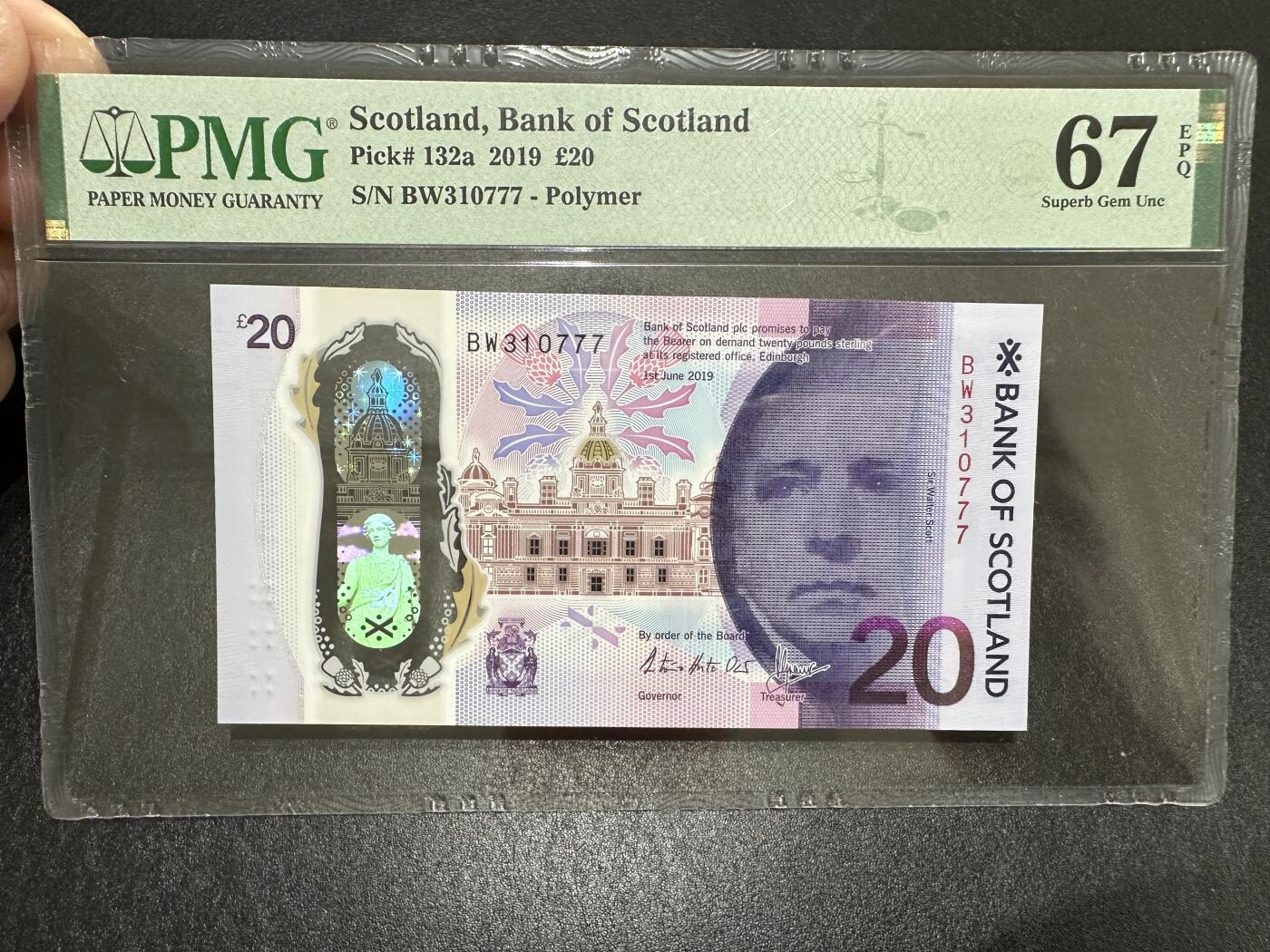 《外钞收藏家》第三百九十七期 2019年苏格兰20镑 PMG67 豹子号777
