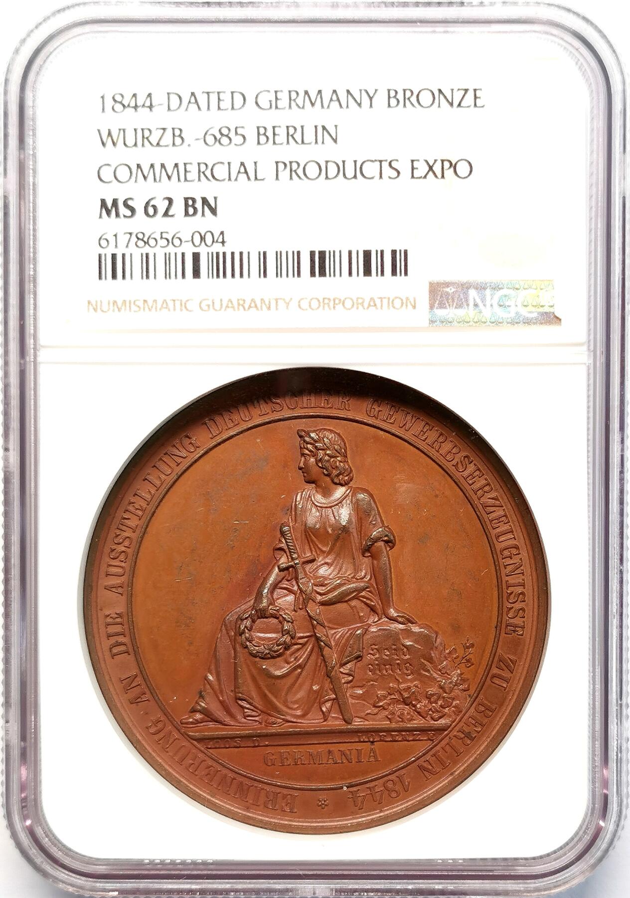 凡希社世界钱币微拍第二百七十七期 1844德国柏林商业产品博览会NGC-MS62，铜色优美！