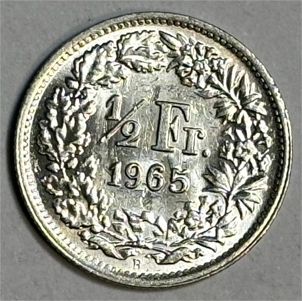 紫瑗钱币——第386期拍卖 瑞士 1965年 B版 赫尔维蒂女神 1/2法郎 2.5克 0.835银 UNC