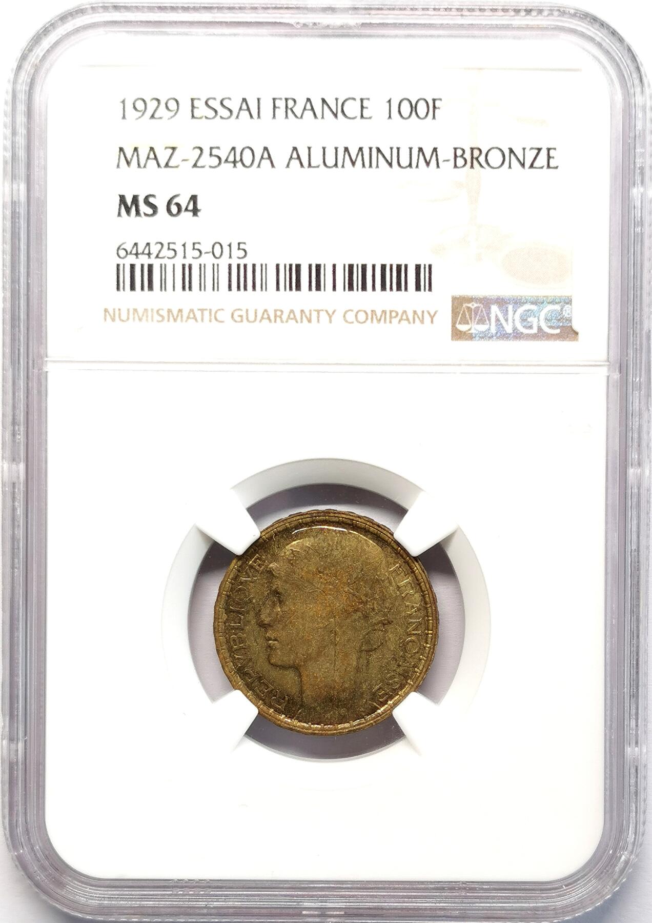 凡希社世界钱币微拍第二百七十七期 1929法国100fr自由帽ESSAI铜样币NGC-MS64