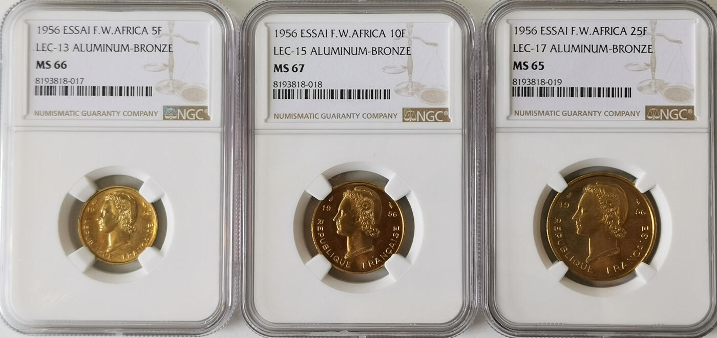 NGC-MS66/67/65 1956法属西非样币三枚套