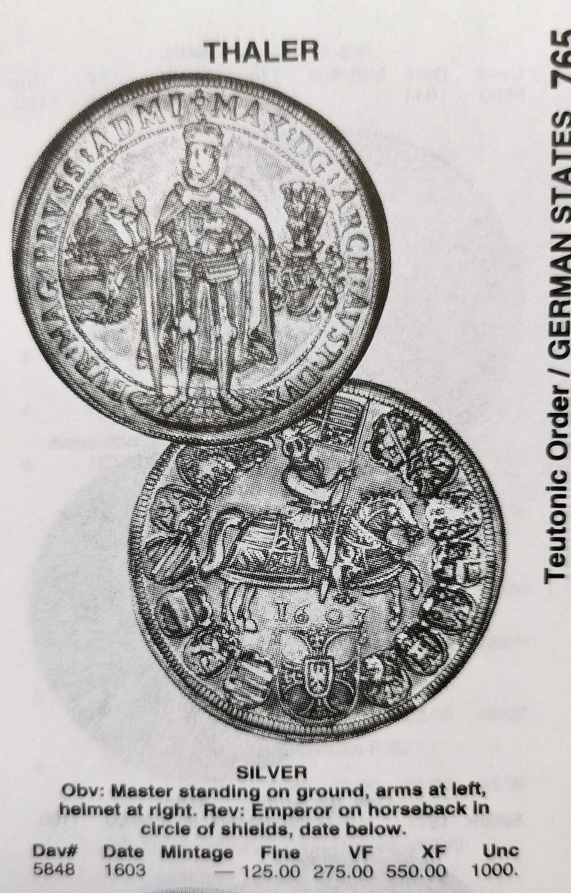 凡希社世界钱币微拍第二百七十七期 荐！1603条顿骑士团盾徽与重装骑士泰勒大银NGC-AU55，传世黑彩，包浆醇熟，稀有的一年型品种！