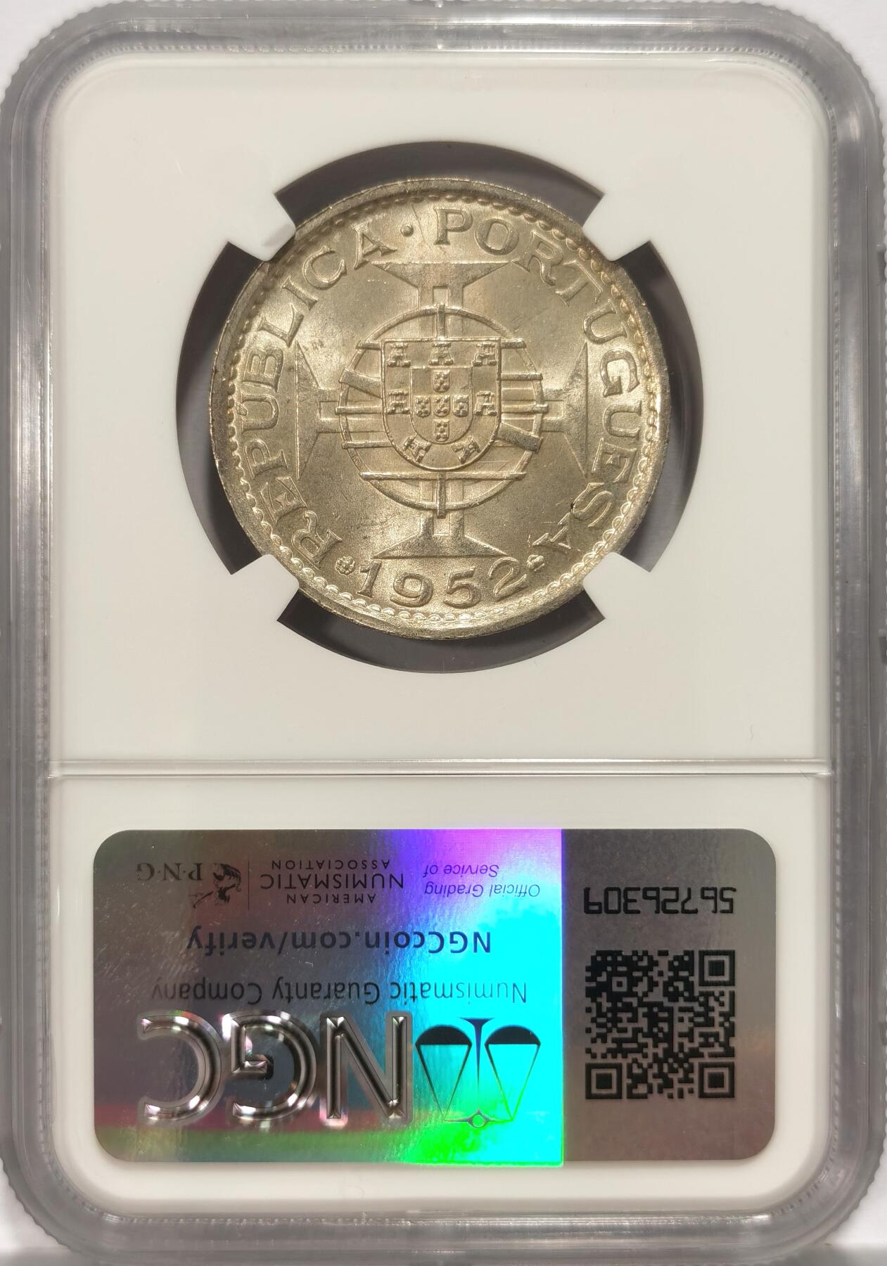 博洋堂世界钱币拍卖第084期（全场包邮） NGC MS65 葡属澳门1952年5元银币 高分原光好状态