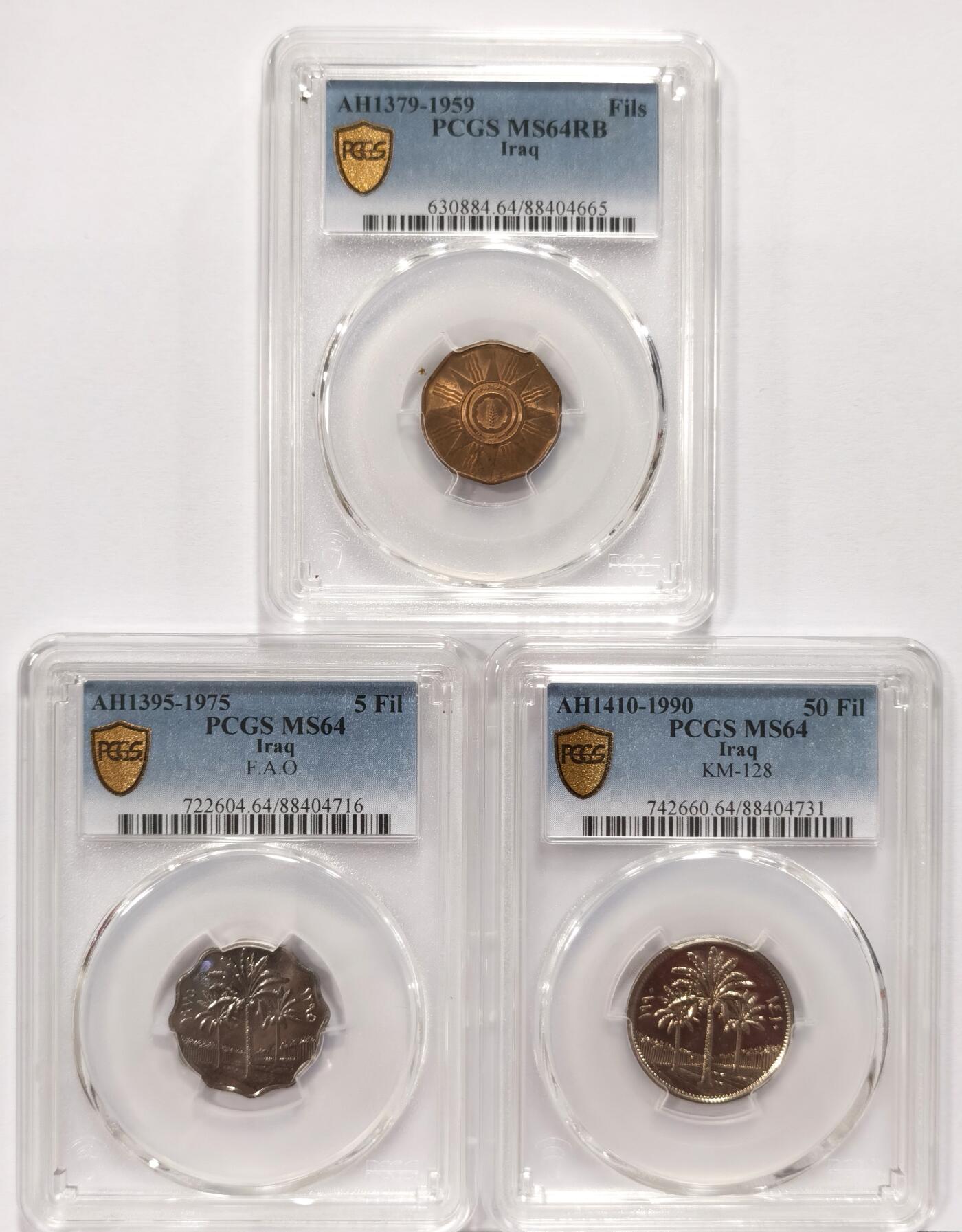 博洋堂世界钱币拍卖第084期（全场包邮） PCGS MS64 伊拉克椰树版辅币3枚，适合配套
