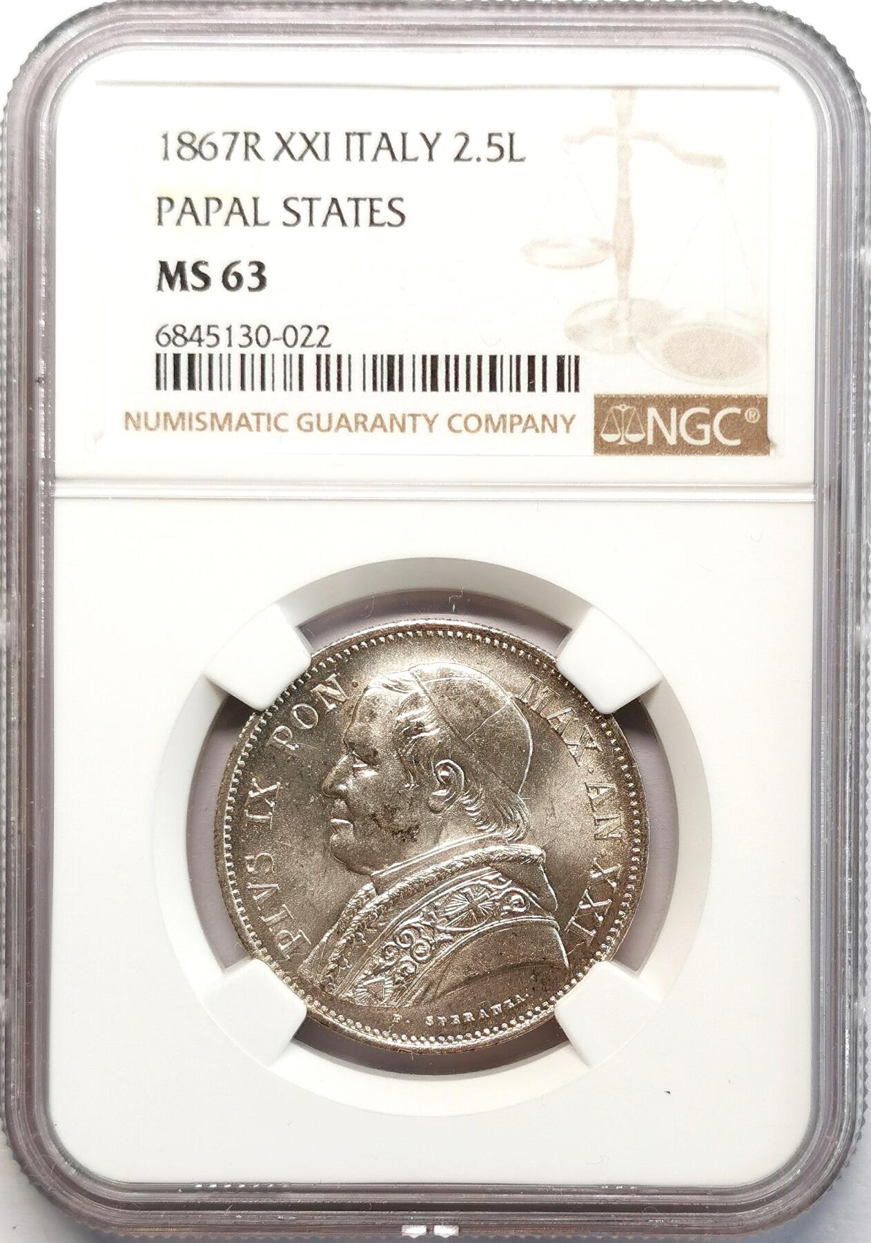 凡希社世界钱币微拍第二百七十七期 荐！1867R梵蒂冈庇护九世2.5里拉银币NGC-MS63，全银光，稀有面值！