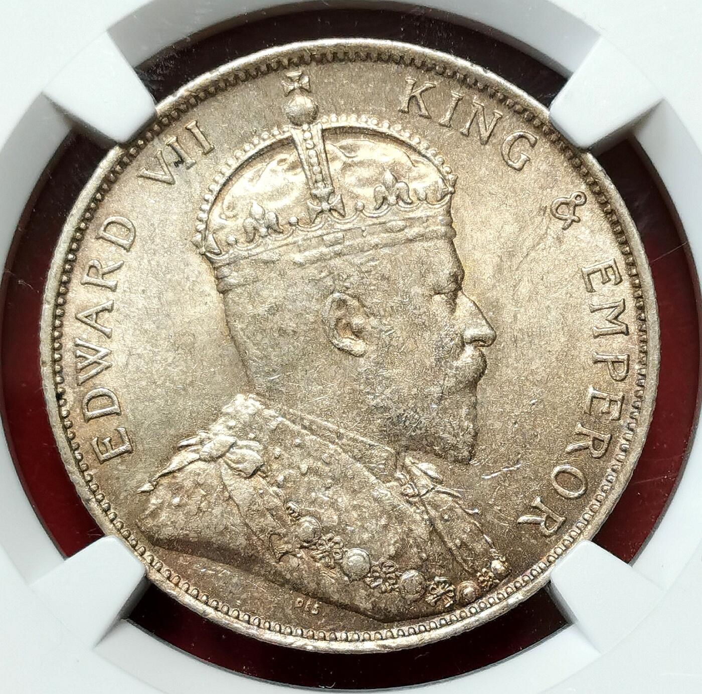 凡希社世界钱币微拍第二百七十七期 1905香港爱七半圆NGC-MS62