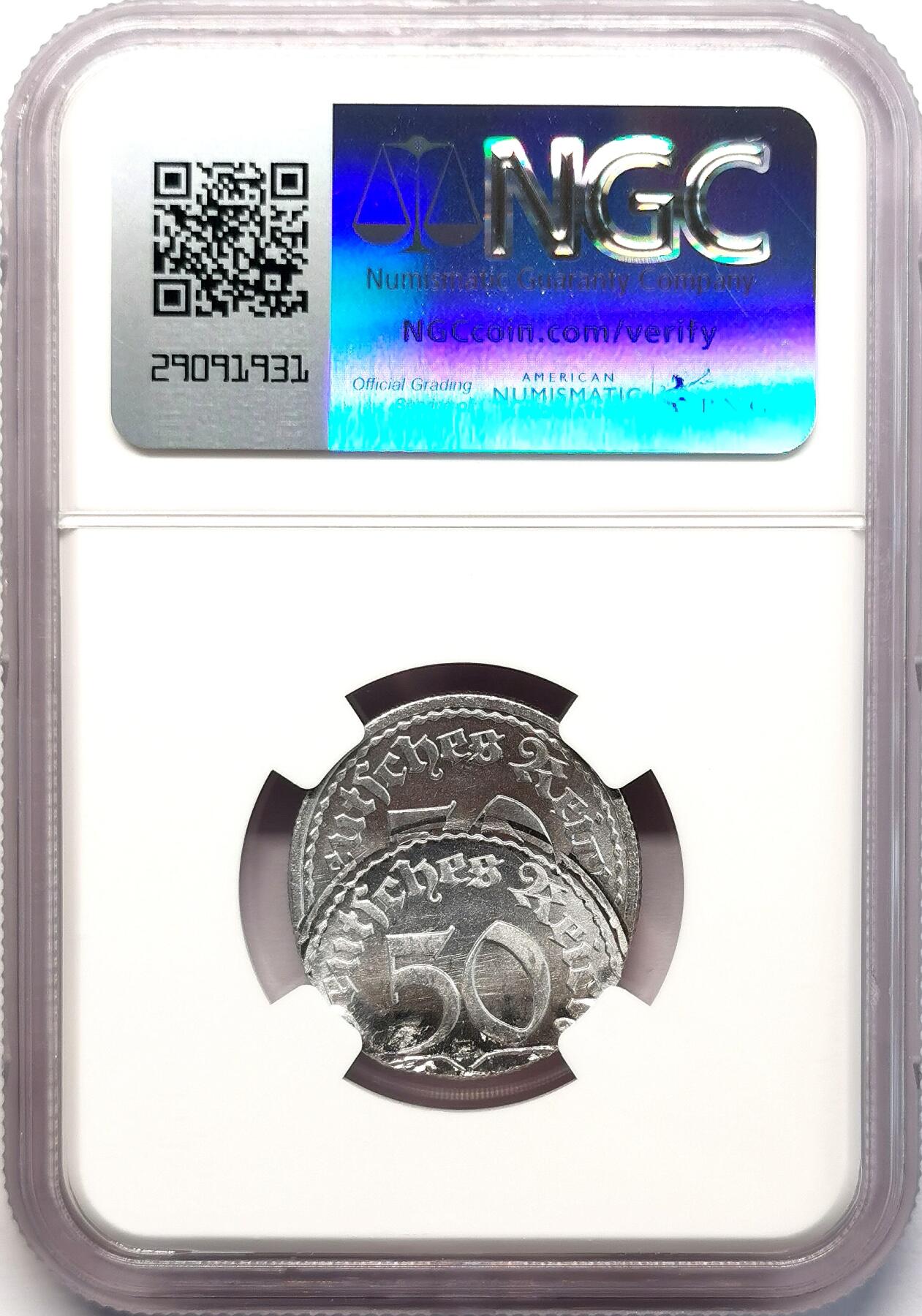 凡希社世界钱币微拍第二百七十七期 魏玛德国50芬尼复打+偏打NGC-MS66，罕见双重错版！