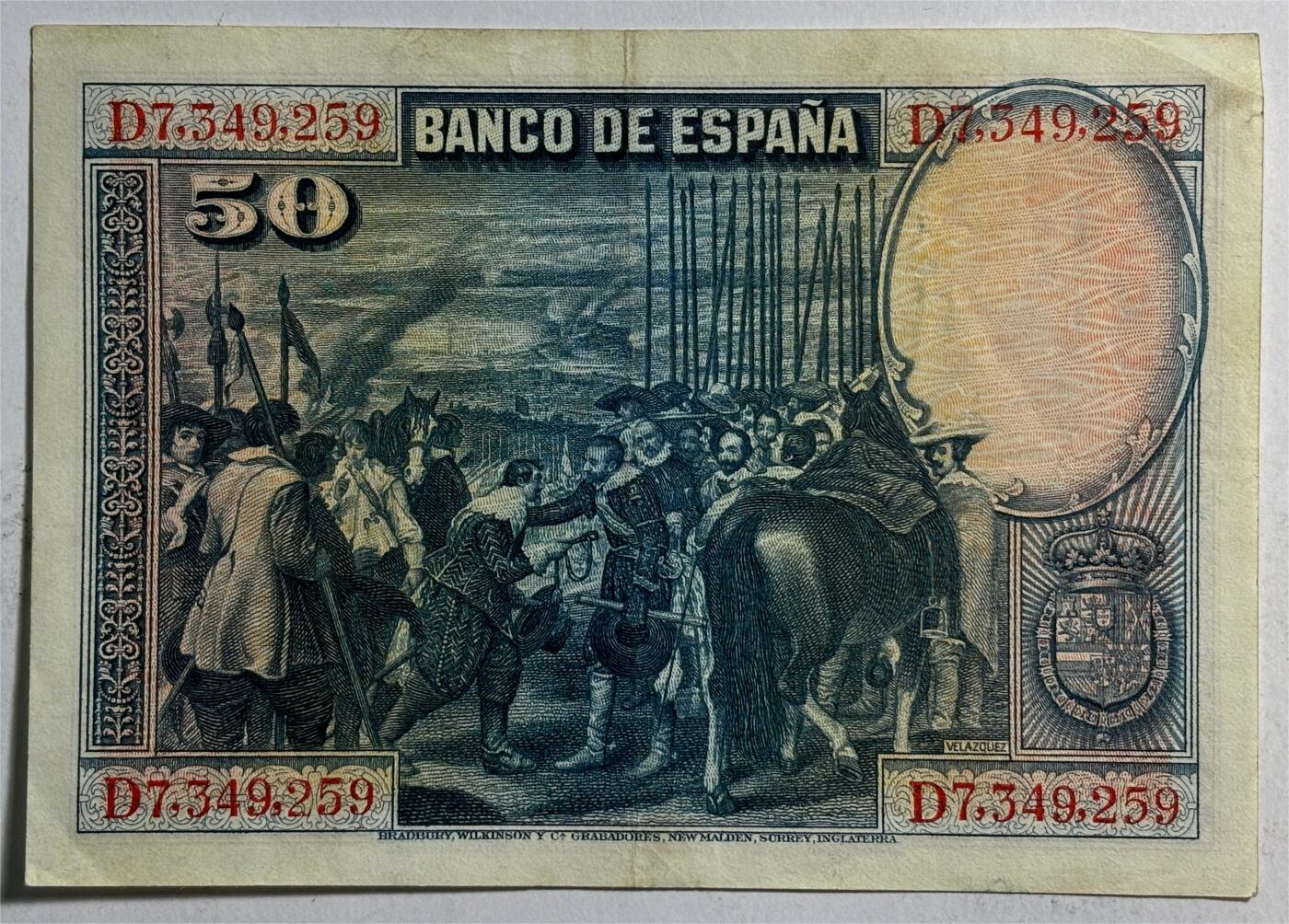 紫瑗钱币——第389期拍卖——纸币场 西班牙 1928年 油画《布雷达的献城》50比塞塔 AU