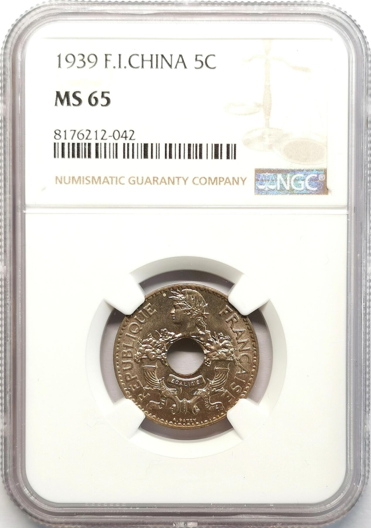 凡希社世界钱币微拍第二百七十七期 1939法属印度支那中孔5分NGC-MS65