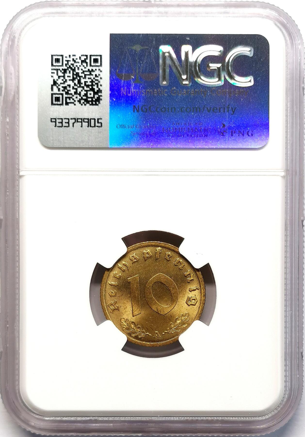 凡希社世界钱币微拍第二百七十七期 1939A德国10芬尼铜币NGC-MS64