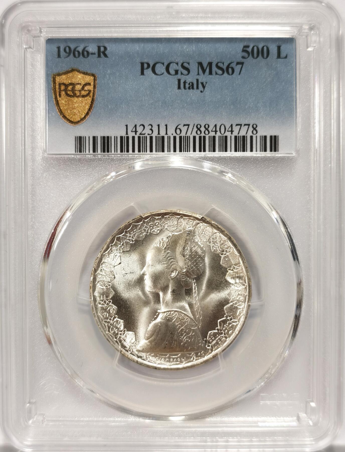 博洋堂世界钱币拍卖第084期（全场包邮） 冠军分 PCGS MS67 意大利1966年帆船女神500里拉银币，67以下烂大街了，67冠军分无需换藏，拆原卷都不一定出一枚67，高分不易