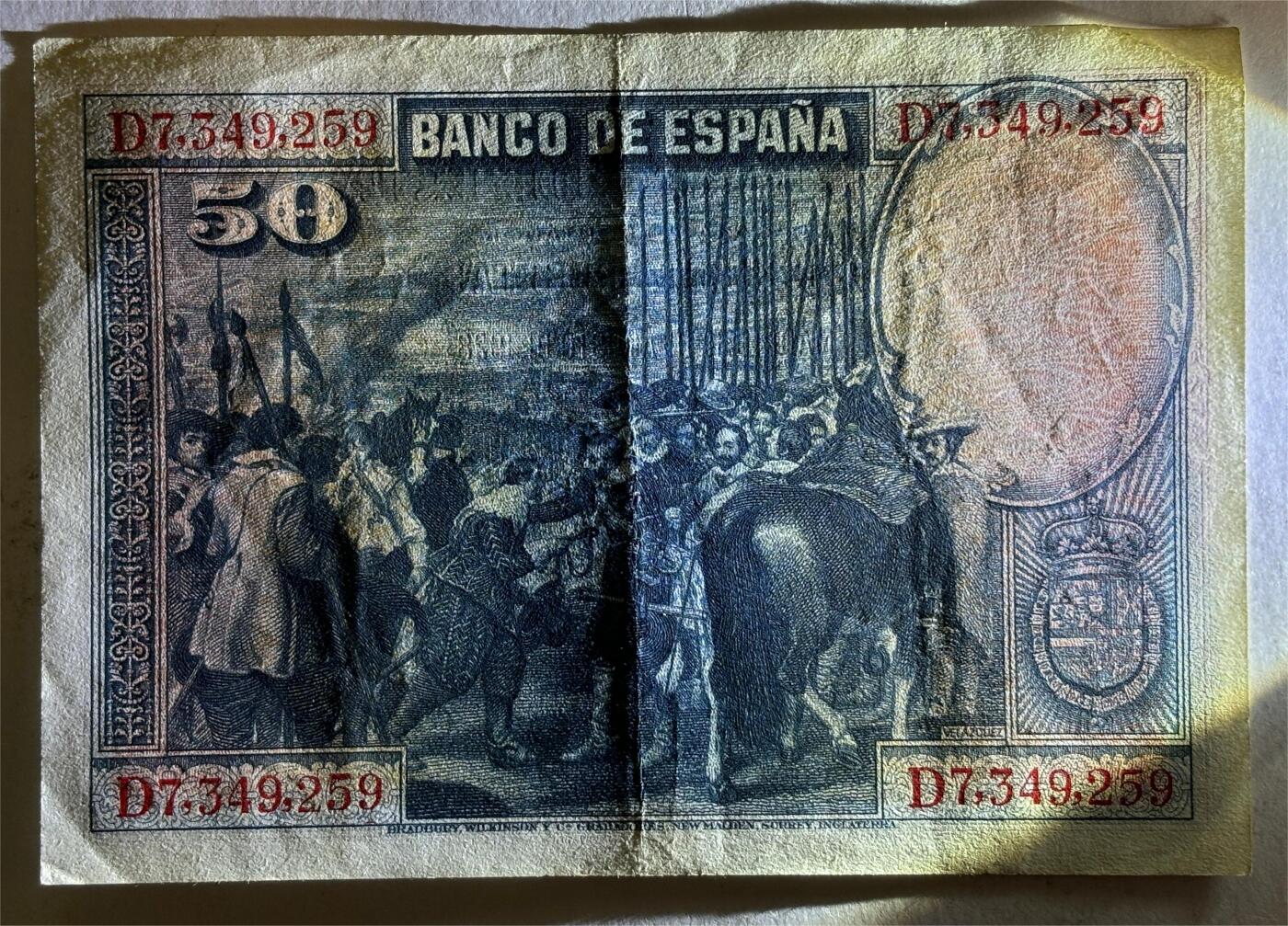 紫瑗钱币——第389期拍卖——纸币场 西班牙 1928年 油画《布雷达的献城》50比塞塔 AU