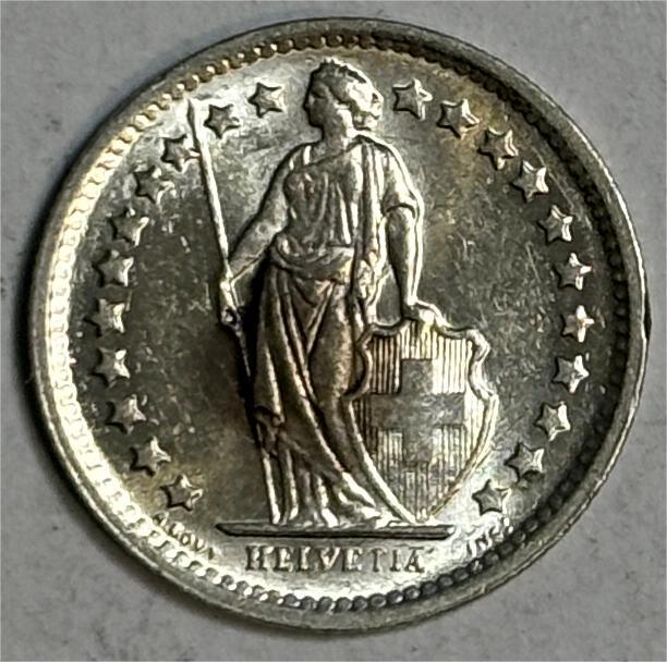 紫瑗钱币——第386期拍卖 瑞士 1965年 B版 赫尔维蒂女神 1/2法郎 2.5克 0.835银 UNC