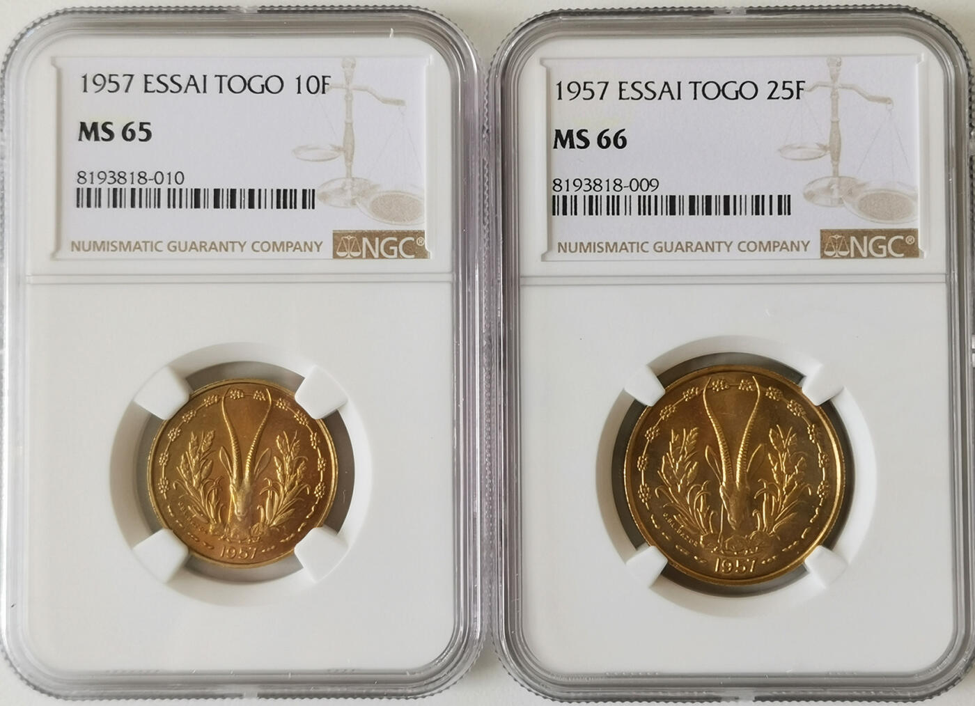 NGC-MS65/66 1957法属多哥样币一对高分完美品