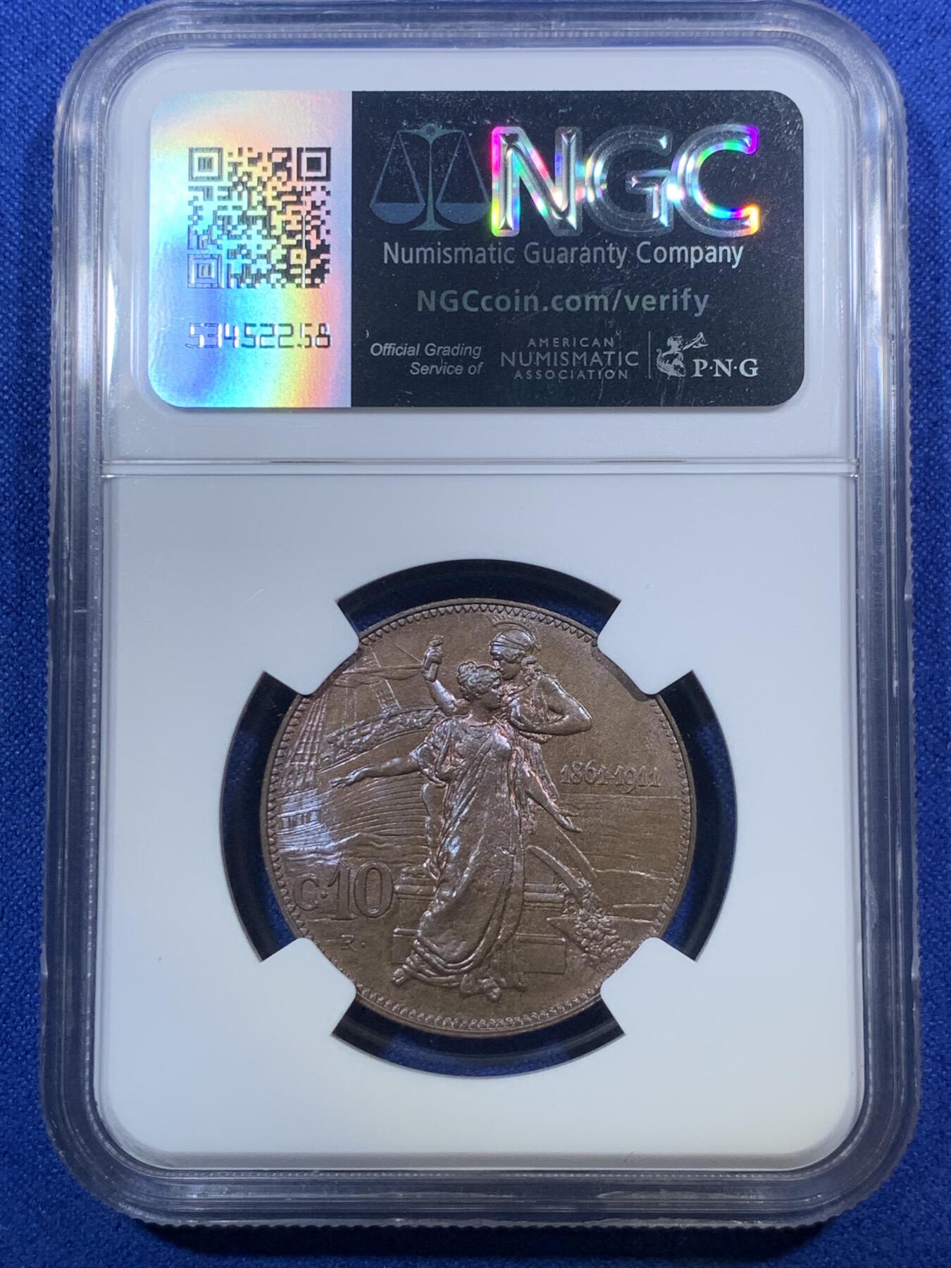 《竞宝斋》第289场- 周日，周一，周二 3场连拍 （全场包邮） NGC MS65BN 亚军分 意大利 1911 建国50周年铜币 高的仅3枚 少见高分托奶 艺术性极佳。