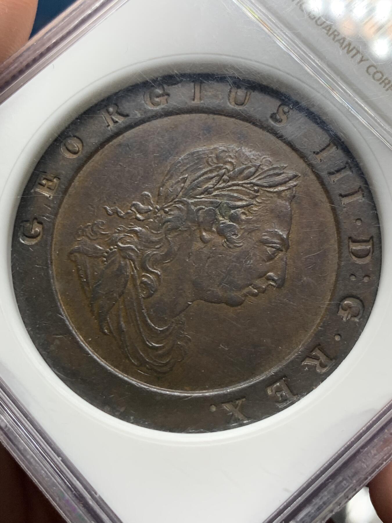 《竞宝斋》第289场- 周日，周一，周二 3场连拍 （全场包邮） NGC AU55BN 英国1797车轮2便士大铜币巧克力包浆难得 著名SOHO厂出品 英国第一枚蒸汽动力机制币