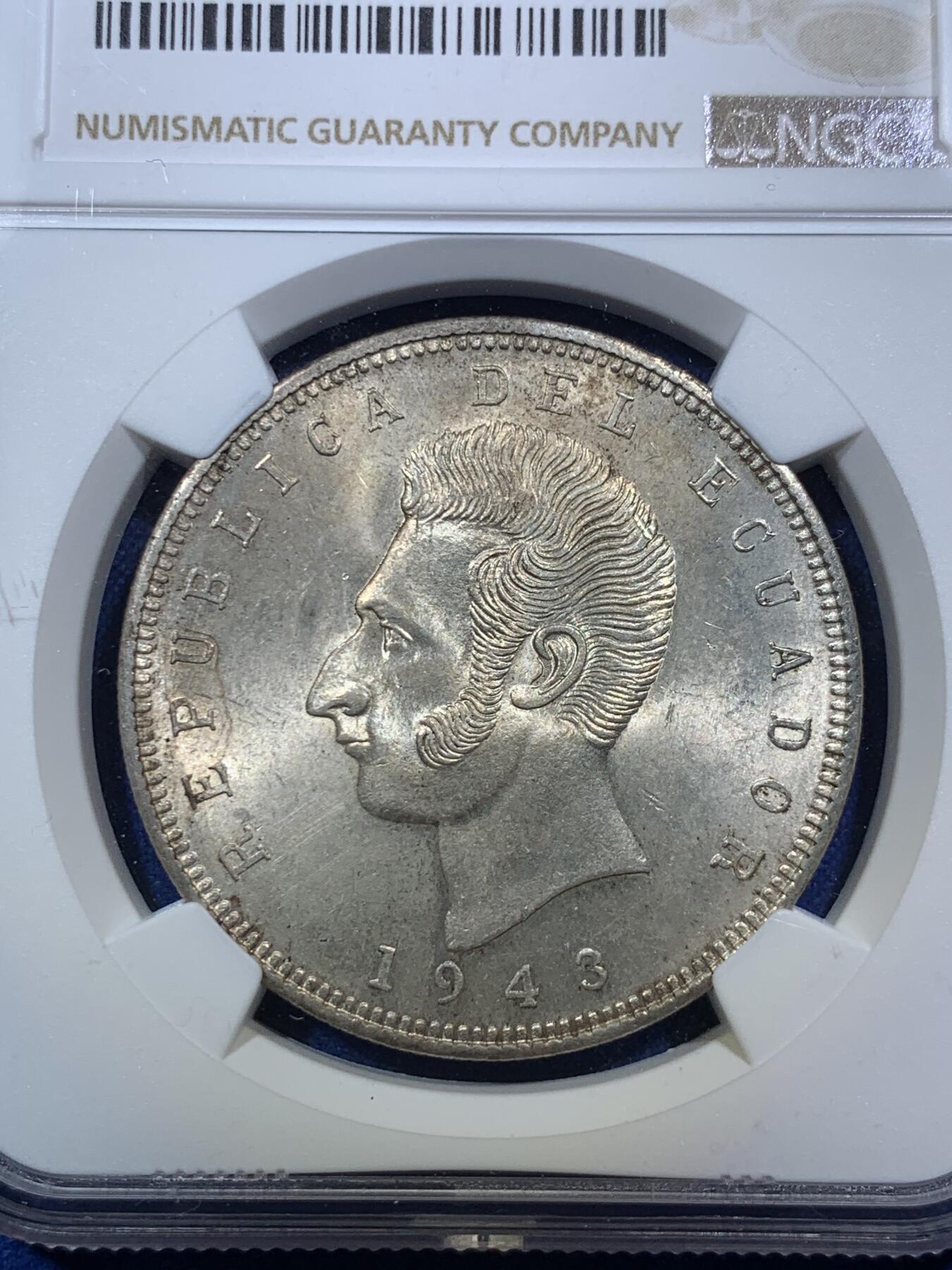 《竞宝斋》第289场- 周日，周一，周二 3场连拍 （全场包邮） NGC MS62 厄瓜多尔 1943年五苏克雷银币 墨西哥代铸 漂亮的黄油光状态