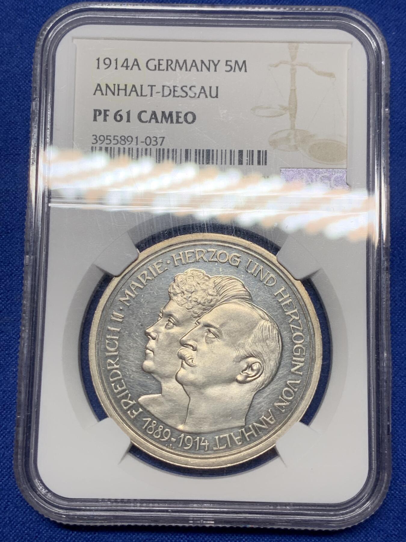 《竞宝斋》第289场- 周日，周一，周二 3场连拍 （全场包邮） PCGS PF61 CAMEO 德国1914年 安哈特德绍，结婚纪念5马克精制大银币 好状态 感觉低评了