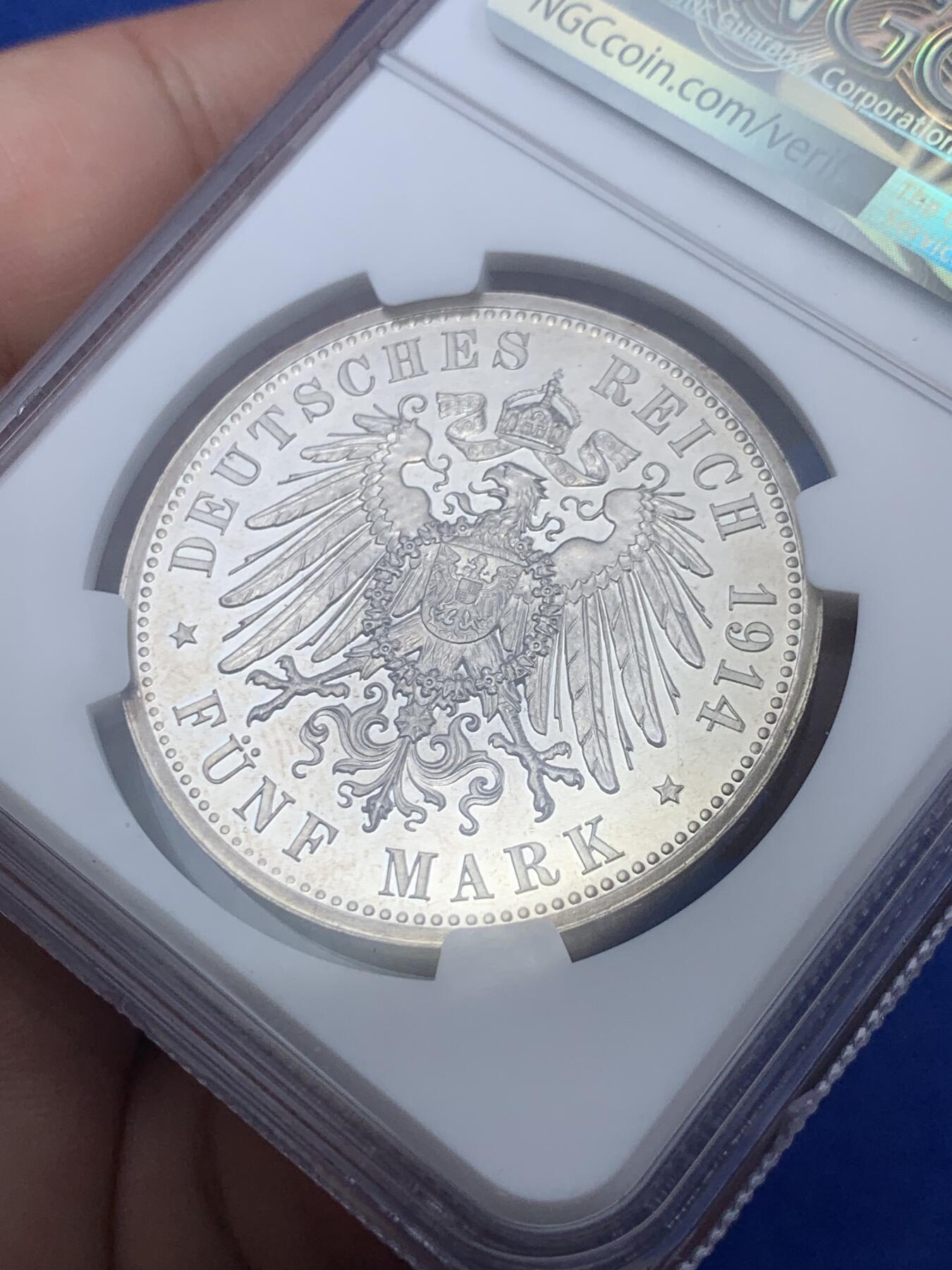 《竞宝斋》第289场- 周日，周一，周二 3场连拍 （全场包邮） PCGS PF61 CAMEO 德国1914年 安哈特德绍，结婚纪念5马克精制大银币 好状态 感觉低评了