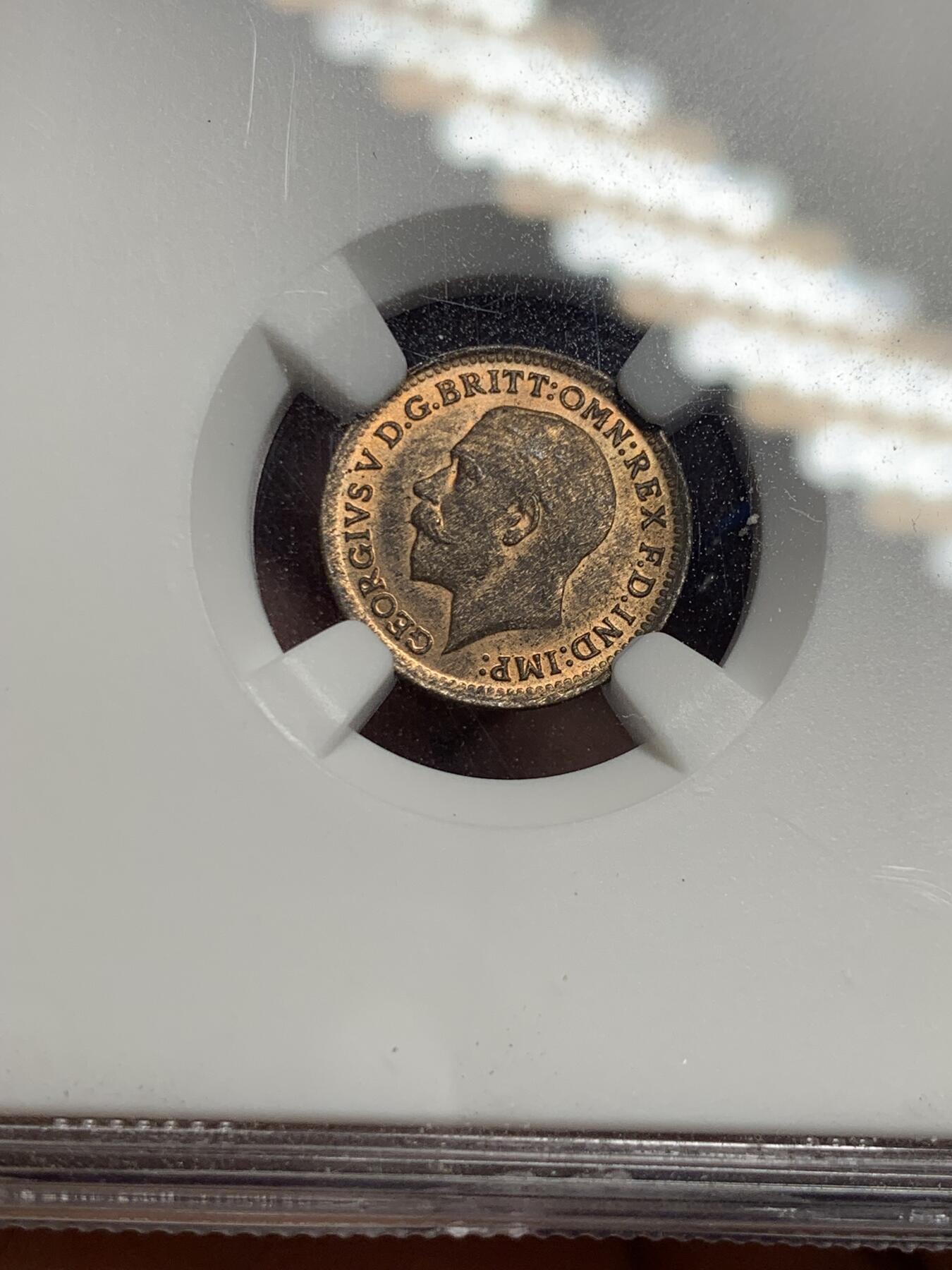 《竞宝斋》第289场- 周日，周一，周二 3场连拍 （全场包邮） NGC MS63RB 英国1913年乔治五世1/3法新 底板光度很好 未被包浆遮盖