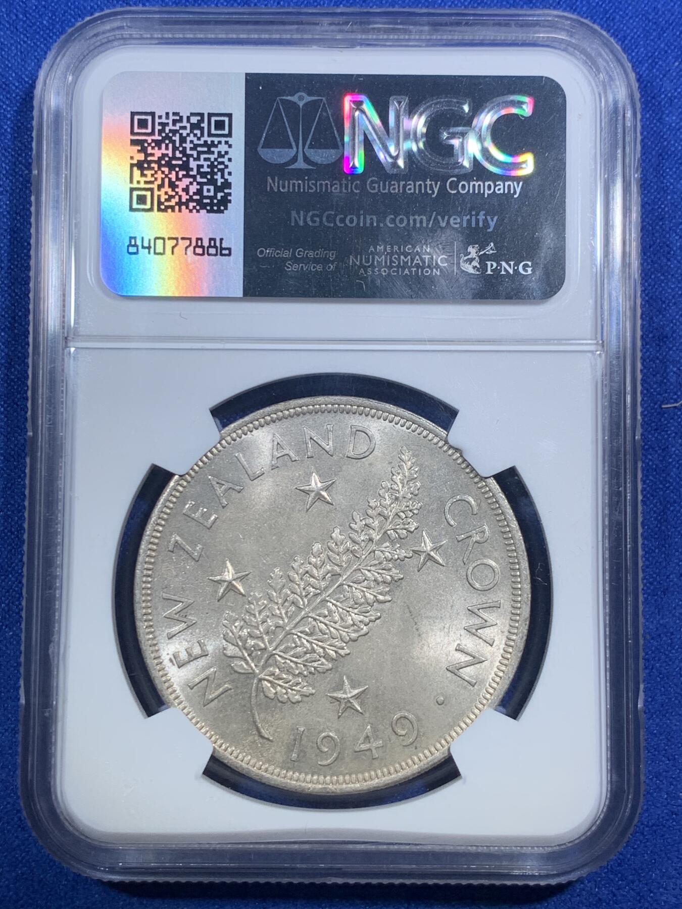 《竞宝斋》第289场- 周日，周一，周二 3场连拍 （全场包邮） NGC MS64 新西兰1949年乔治六世克朗银币 背面为新西兰国花银蕨 漂亮原光 状态很好