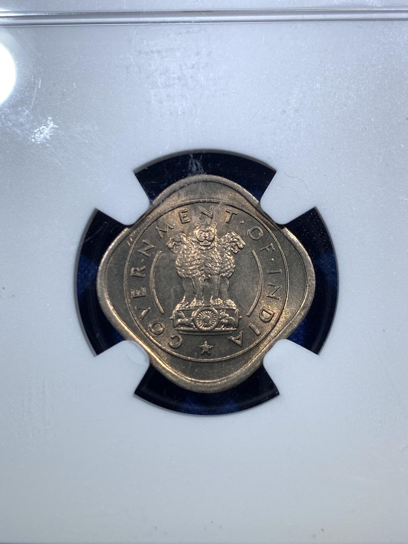 《竞宝斋》第289场- 周日，周一，周二 3场连拍 （全场包邮） NGC MS63 印度1950年1/2安娜瘤牛铜镍币