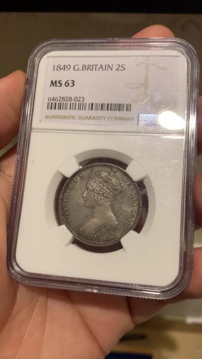 《竞宝斋》第289场- 周日，周一，周二 3场连拍 （全场包邮） NGC MS63 英国1849年无神弗罗林 深打铁灰色包浆 高分好状态