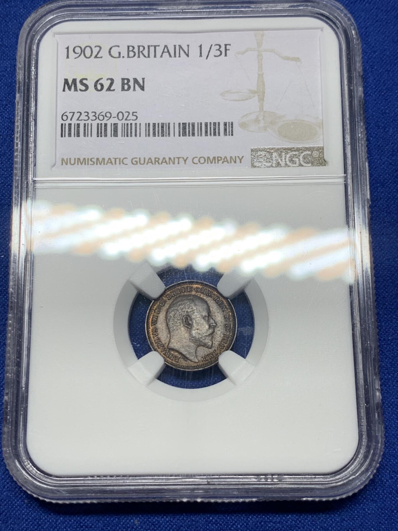 《竞宝斋》第289场- 周日，周一，周二 3场连拍 （全场包邮） NGC MS62BN 英国1902年爱德华七世1/3法新 内圈巧克力包浆配合外圈铜色