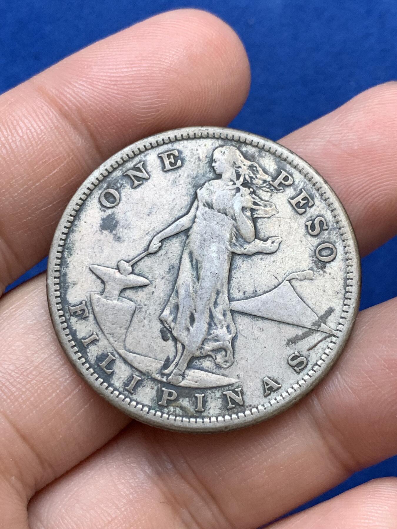 《竞宝斋》第289场- 周日，周一，周二 3场连拍 （全场包邮） 美属菲律宾 1907年 打铁女神 1比索 银币 XF-AU品相 XF品相 老黑包浆