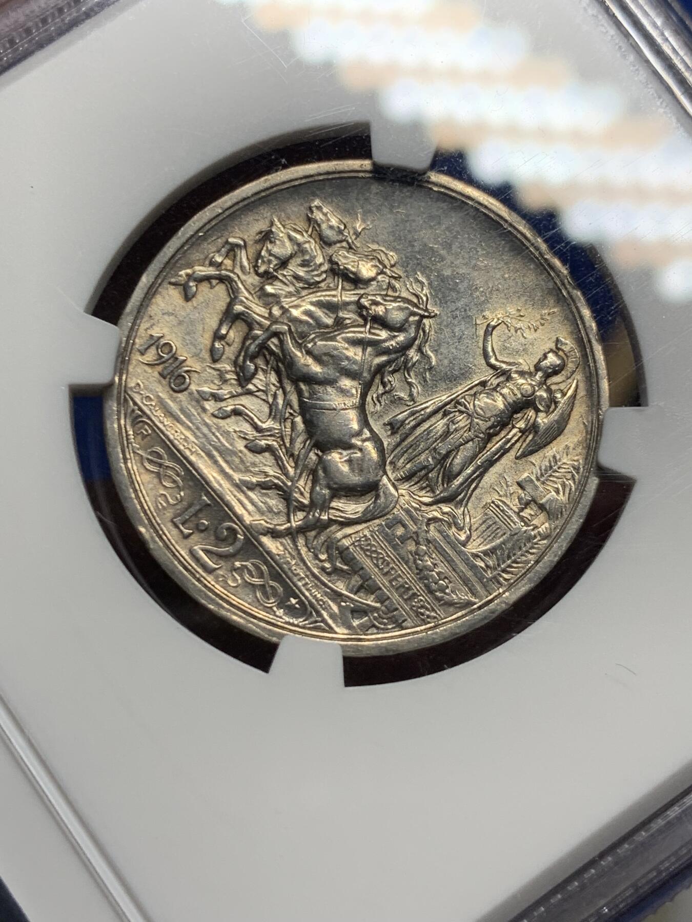 《竞宝斋》第289场- 周日，周一，周二 3场连拍 （全场包邮） NGC AU53 意大利1916年2里拉银币 马车 女神 造币艺术的经典品种