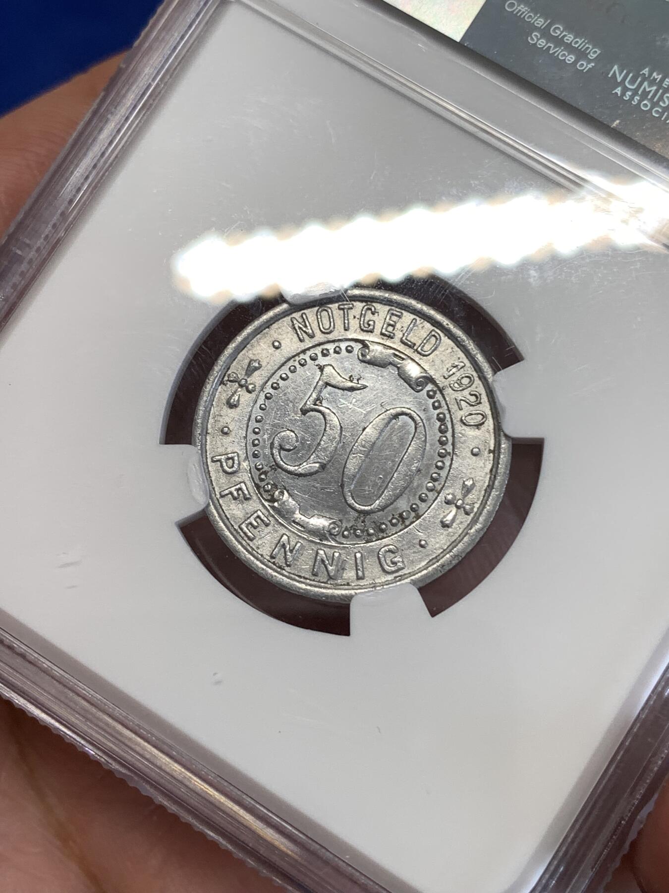 《竞宝斋》第289场- 周日，周一，周二 3场连拍 （全场包邮） NGC UNCD 德紧1920年50芬尼洞熊 没看出来有什么清洗痕迹