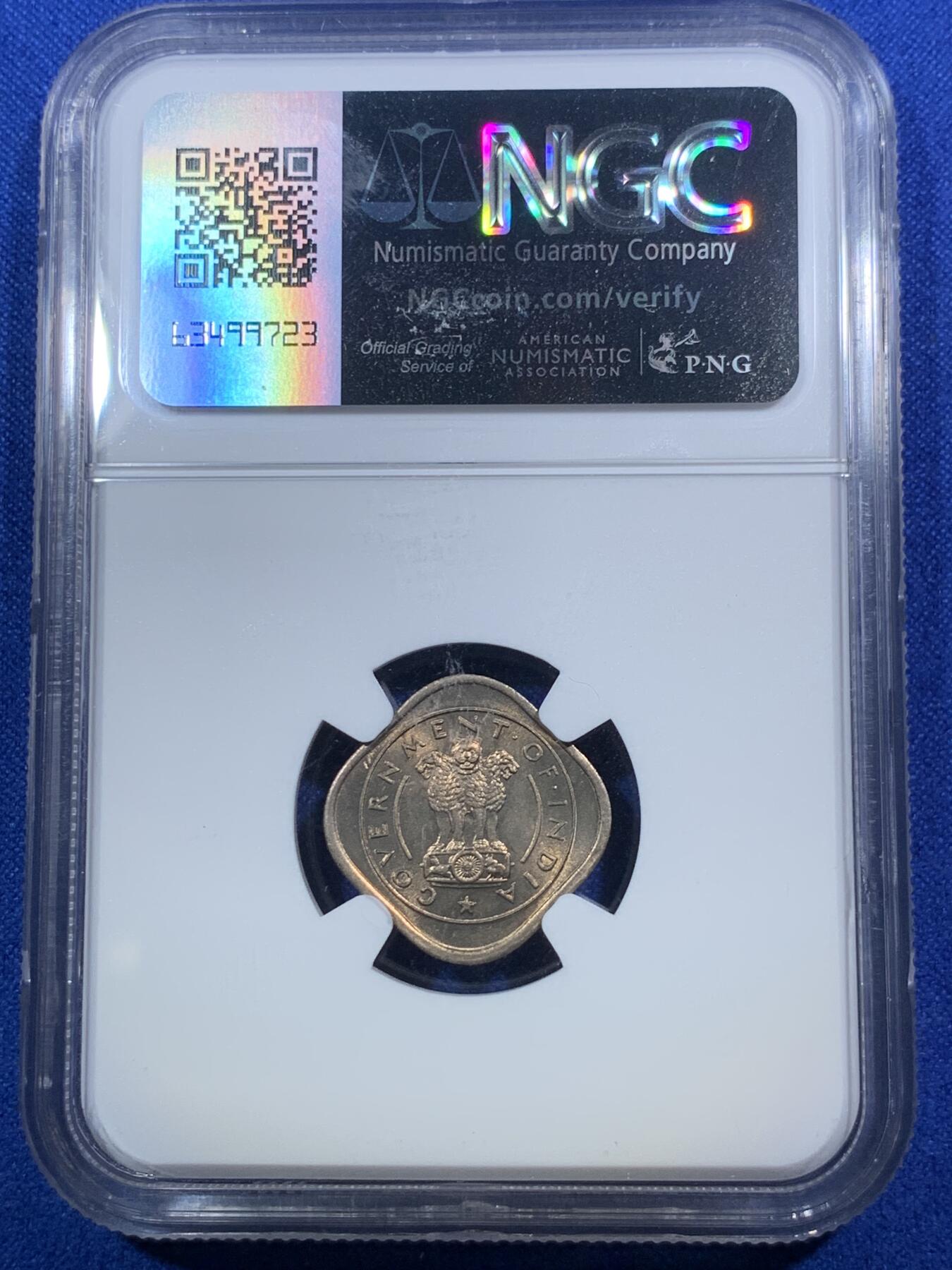 《竞宝斋》第289场- 周日，周一，周二 3场连拍 （全场包邮） NGC MS63 印度1950年1/2安娜瘤牛铜镍币