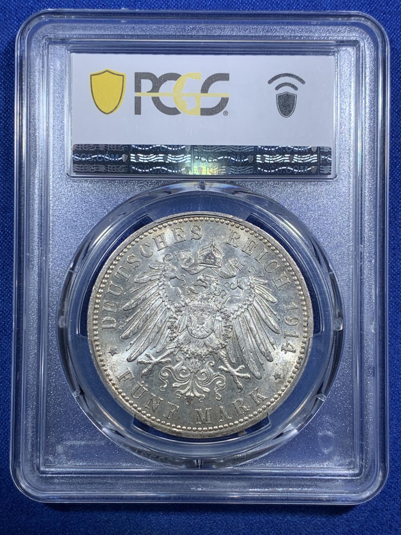 《竞宝斋》第289场- 周日，周一，周二 3场连拍 （全场包邮） PCGS MS61 德国1914A威廉二世戎装5马克银币 光泽很好