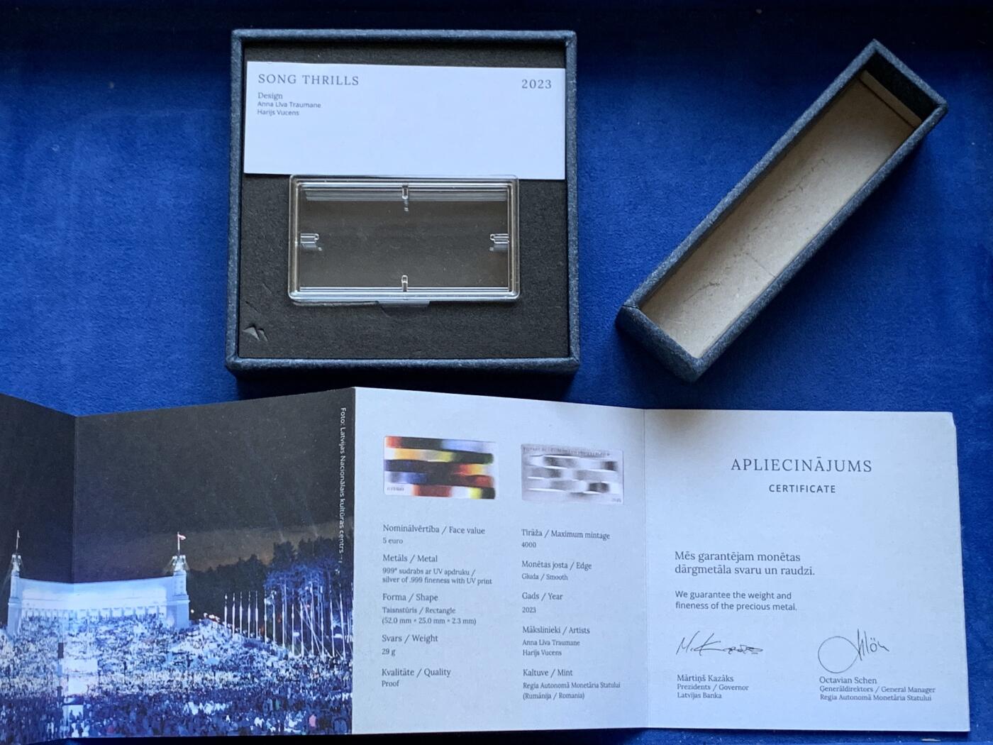 《竞宝斋》第289场- 周日，周一，周二 3场连拍 （全场包邮） NGC PF70UC 拉脱维亚2023年发行“歌声震撼人心”全国歌舞庆典150周年彩银纪念精制币 限量4000枚 2025年度克劳斯世界硬币大奖赛之最富激情奖提名币 大热门 盒证齐全 29g 999银 52g