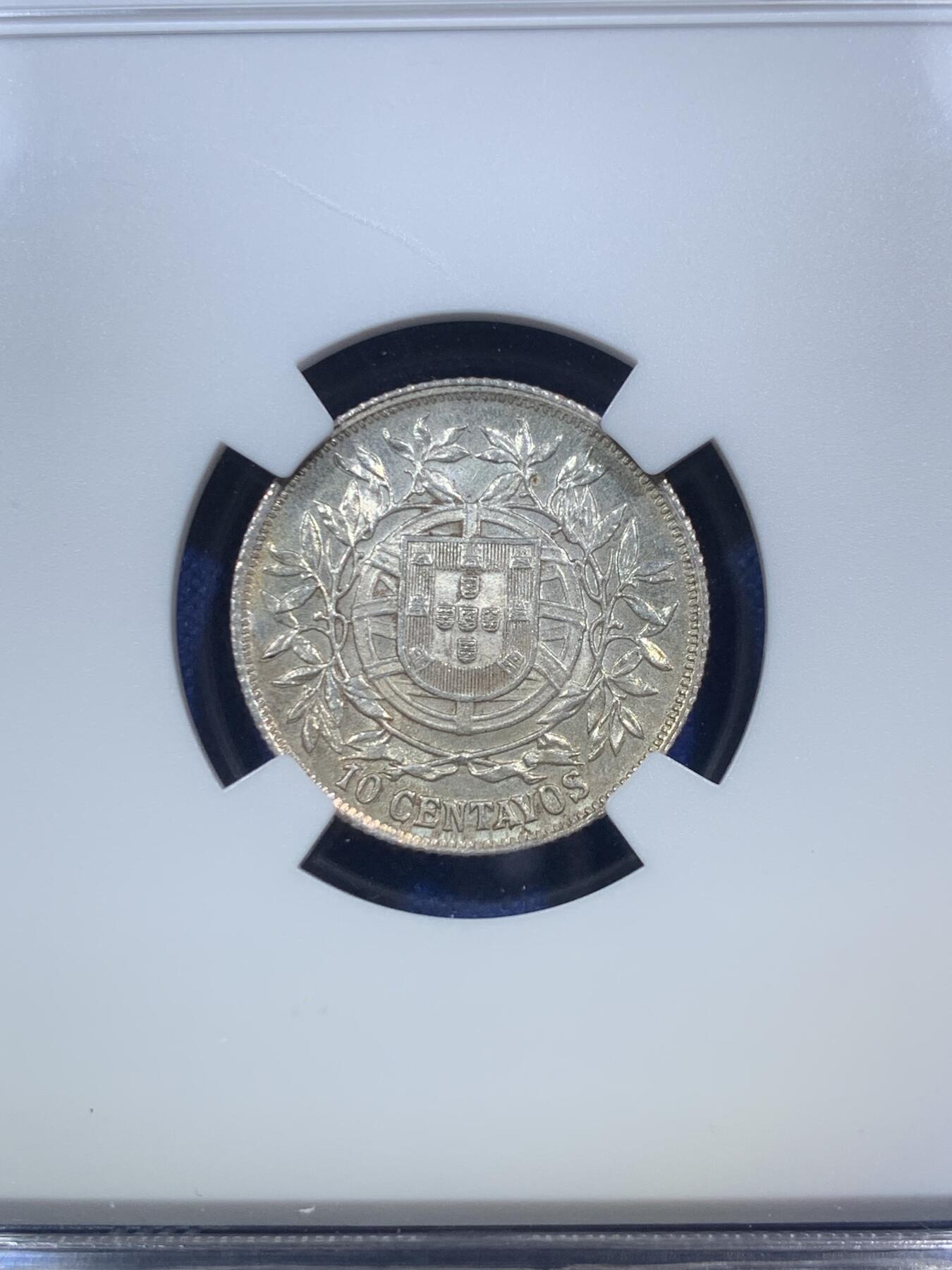 《竞宝斋》第289场- 周日，周一，周二 3场连拍 （全场包邮） NGC MS64 葡萄牙1915年谷物女神10分银币 单年版 凑套必备 小辅币高分不易