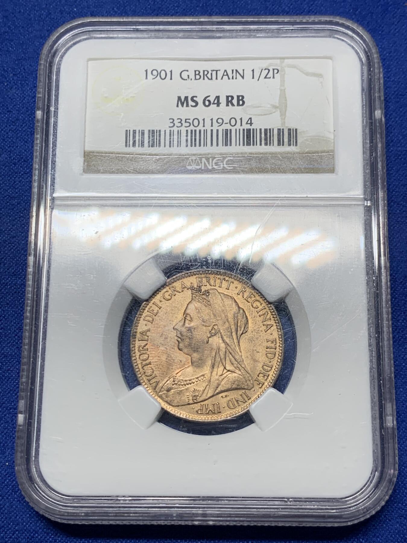 《竞宝斋》第289场- 周日，周一，周二 3场连拍 （全场包邮） NGC MS64RB 英国1901年 维多利亚半便士 老盒严评 底板丝滑转光强烈 市面上半便士比便士难遇到