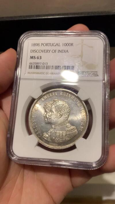 《竞宝斋》第289场- 周日，周一，周二 3场连拍 （全场包邮） NGC MS63 葡萄牙1898年发现印度1000R银币