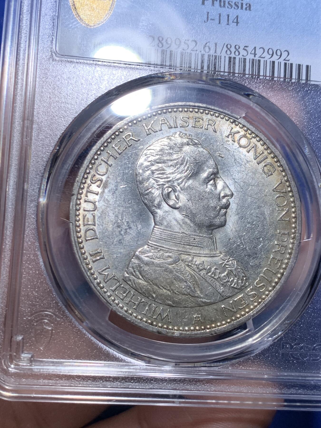 《竞宝斋》第289场- 周日，周一，周二 3场连拍 （全场包邮） PCGS MS61 德国1914A威廉二世戎装5马克银币 光泽很好